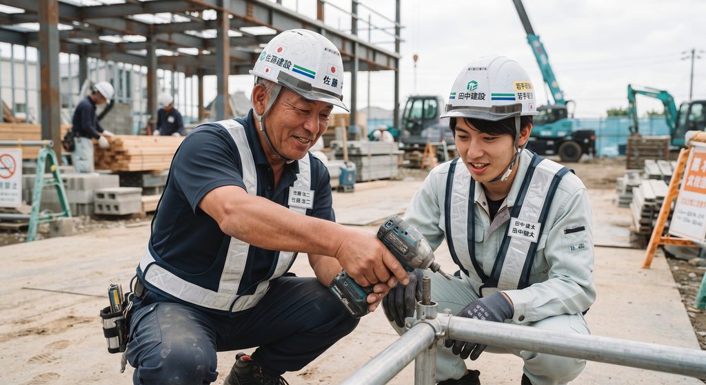 建設現場で先輩社員が若手に作業を教える様子
