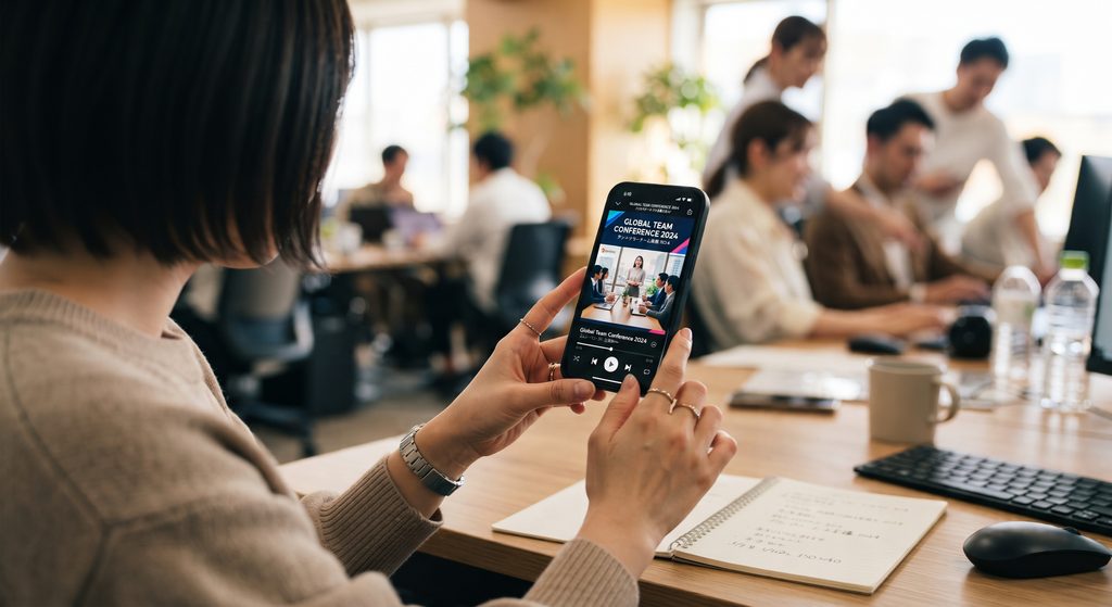 スマートフォンで会社紹介動画を見る若者