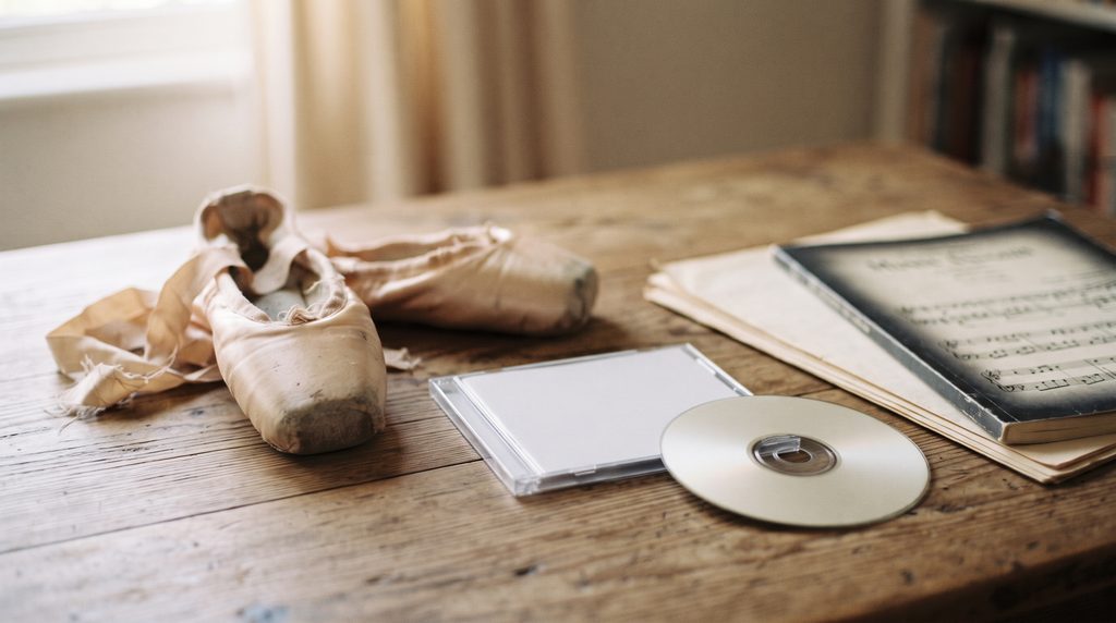 トウシューズとCD、DVD、楽譜を並べたイメージ